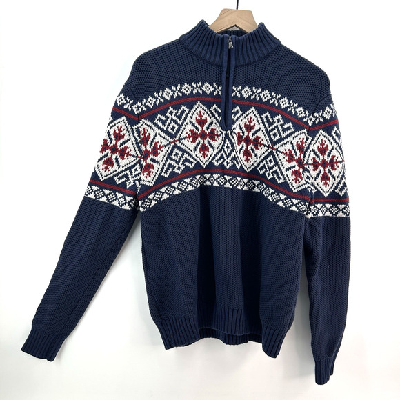 IZOD Sweater Men L‎ Quarter Zip Fair Isle Nordic Winter Pullover Ski Navy Chunky - Picture 2 of 10